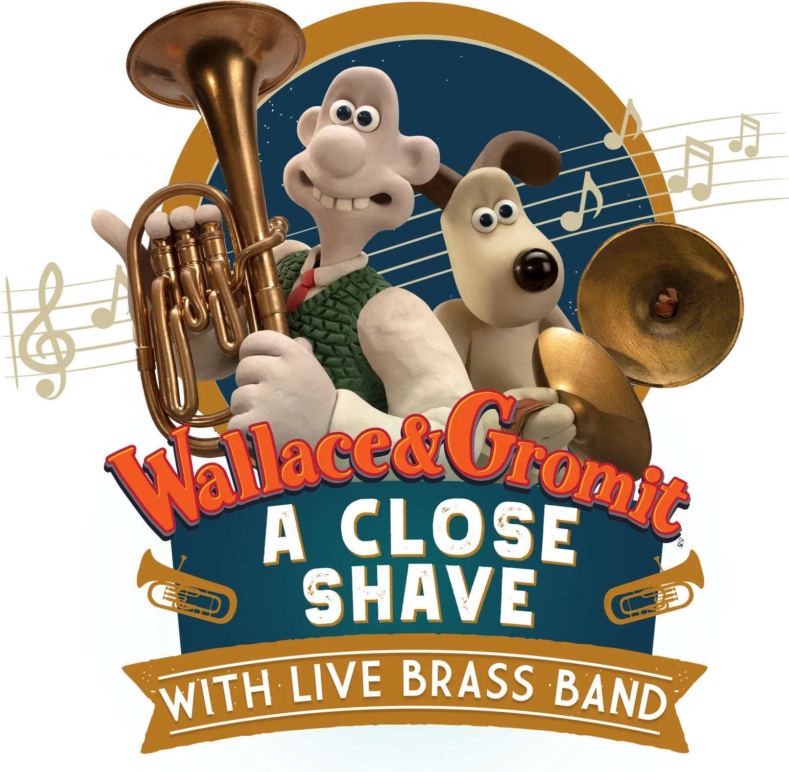 Wallace and Gromit with brass instruments on the A Close Shave with Live Brass Band artwork