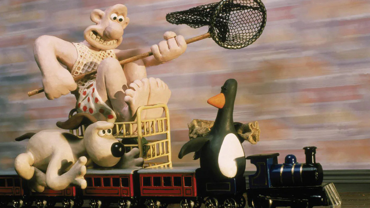Wallace, Gromit and Feathers McGraw during the train chase in The Wrong Trousers